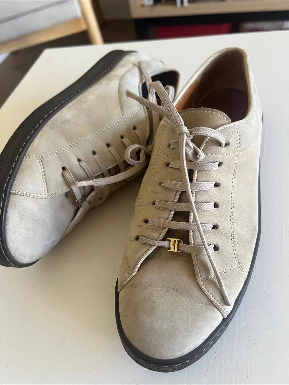 Salvatore Ferragamo Taupe Suede Sneakers with Gold Logo Accent